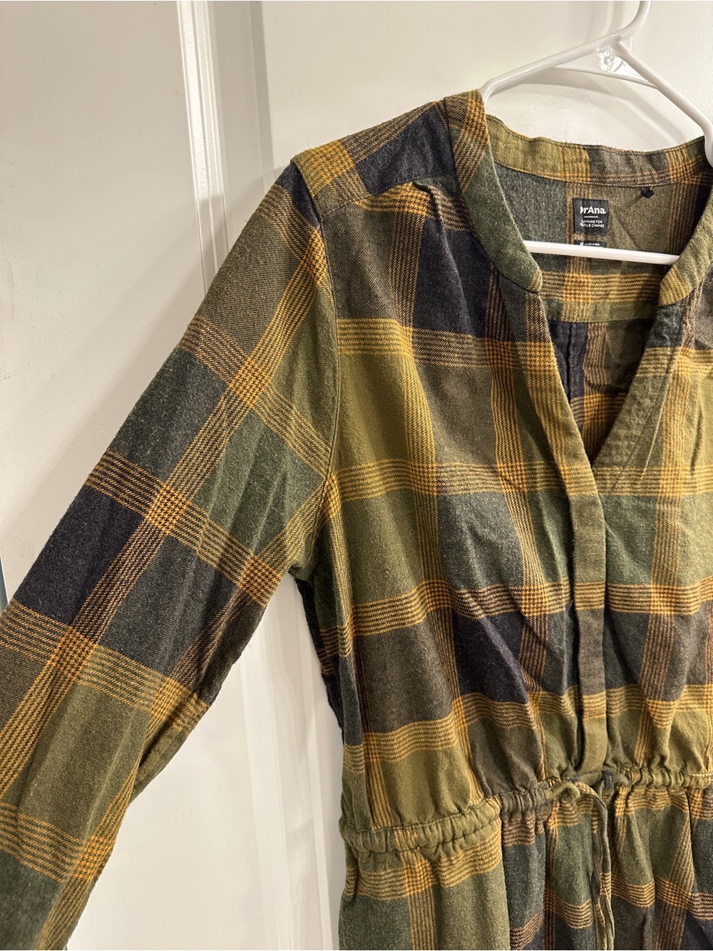 Prana Olive and Brown Plaid Drawstring Waist Dress - Picture 2 of 9
